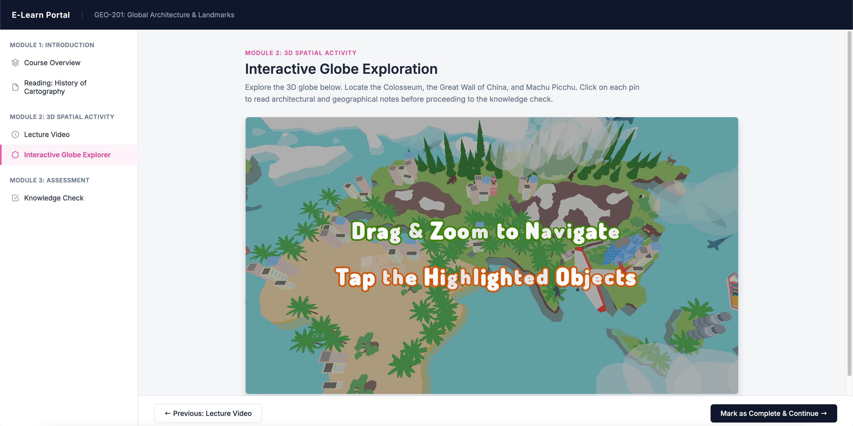 Interactive 3D world landmark explorer module embedded in an LMS template